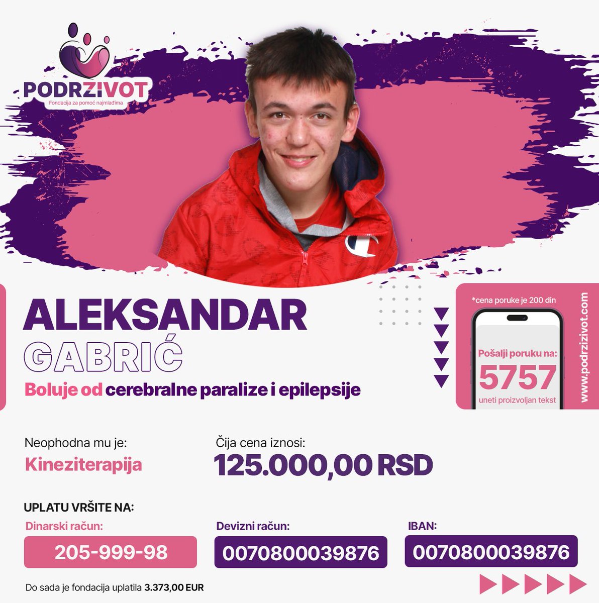 PodrziZivot's tweet photo. Pomozimo Aleksandru slanjem SMS-a na 5757 ili donacijama na 

https://t.co/w6naYBBgZD

#podrzizivot #cerebralnaparaliza #epilepsija https://t.co/DgvFeIwsWV