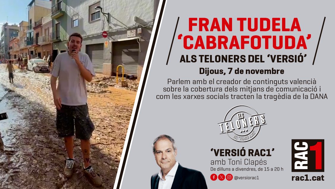 🔴 Com ha estat la cobertura dels mitjans la tragèdia de la DANA? I les xarxes socials?  

Avui, a les tres, en parlem amb el creador de contingut valencià Fran Tudela, <a href="/cabrafotuda/">cabrafotuda</a>.