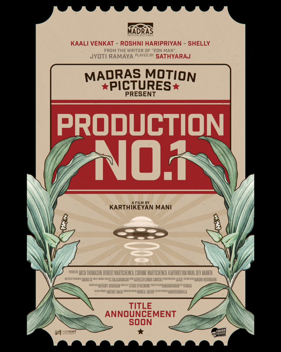 Thrilled to announce #MadrasMotionPictures' Production No.1 starring Kaali Venkat, Sathyaraj, Roshni Haripriyan &amp; Shelly. <a href="/kaaliactor/">Kaali Venkat</a> <a href="/Roshni_offl/">Roshni Haripriyan</a> <a href="/keyanmk/">keyanmk</a> <a href="/gk_anand/">Anand GK</a> <a href="/jacki_art/">Jackson</a> <a href="/KCBalasarangan/">K C Balasarangan</a> <a href="/amsamuski/">Satheesh Kumar Samuski</a> <a href="/cinemapayyan/">Cinemapayyan</a> <a href="/proyuvraaj/">Yuvraaj</a> @kavingarsnekan <a href="/MomentEntertain/">Moment Entertainments</a>
