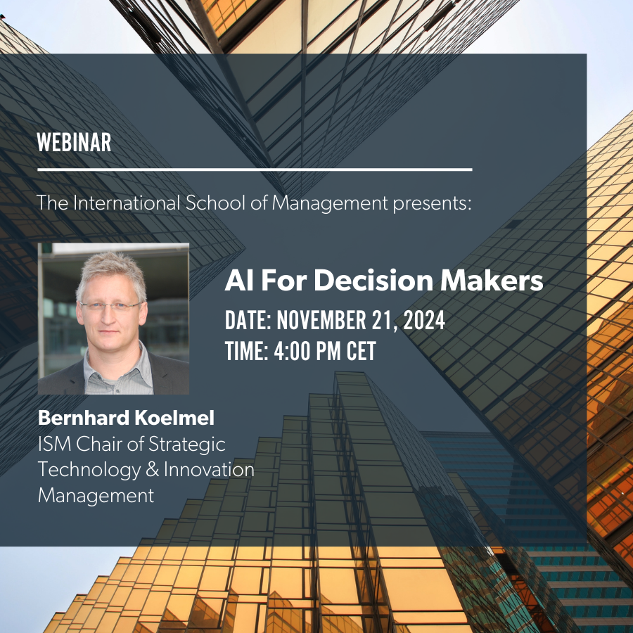 ismedu's tweet photo. 📅  Mark your calendars! Join ISM's Dr. Bernard Koelmel on Nov 21 for “AI for Decision Makers” and learn how AI can transform your business strategy. 

Register now: https://t.co/hoLVZUhVz8

#Webinar #AI #BusinessLeadership #Strategy https://t.co/Jmwor0rS2L