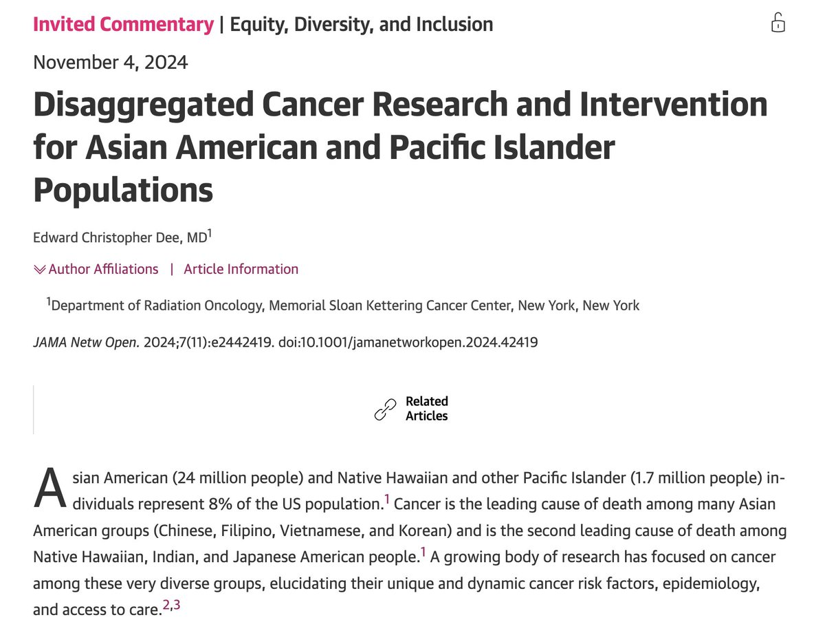 Edward Christopher "Chris" Dee, MD (@echrisdee) on Twitter photo Grateful to <a href="/JAMANetworkOpen/">JAMA Network Open</a> for the opportunity to write in response to brilliant work by Dr David T Zhu, Dr @Sophia_Kamran, and team
We must and address #cancer #disparities among diverse #AAPI groups, among whom cancer is THE leading cause of death
🔗 jamanetwork.com/journals/jaman… Grateful to <a href="/JAMANetworkOpen/">JAMA Network Open</a> for the opportunity to write in response to brilliant work by Dr David T Zhu, Dr @Sophia_Kamran, and team
We must and address #cancer #disparities among diverse #AAPI groups, among whom cancer is THE leading cause of death
🔗 jamanetwork.com/journals/jaman…