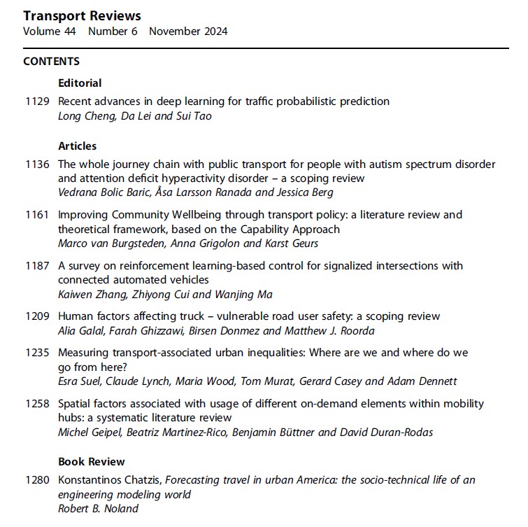 In the latest issue of 2024, we have interesting review articles on AVs, road user safety, transport-related inequalities, mobility hubs, transport and well-being policies, and public transport use of people with autism, etc. 

Have a look at:
lnkd.in/eZnaHBNb