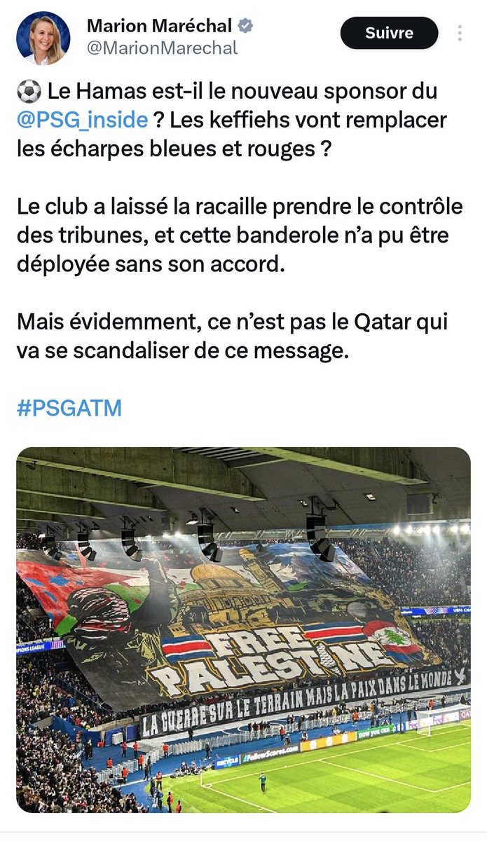 AnarClo1871's tweet photo. Elle tellement là où on l'attend cette 💩
C'est trop risible.  Et sa sortie sur le Qatar à qui on avait filé le mondiale. Sérieux j'ai pas vu #boycottQatar là 
Maréchal là voilà 😅
#banderole #palestine #rdc #fasciste https://t.co/cuO7sLQlBK