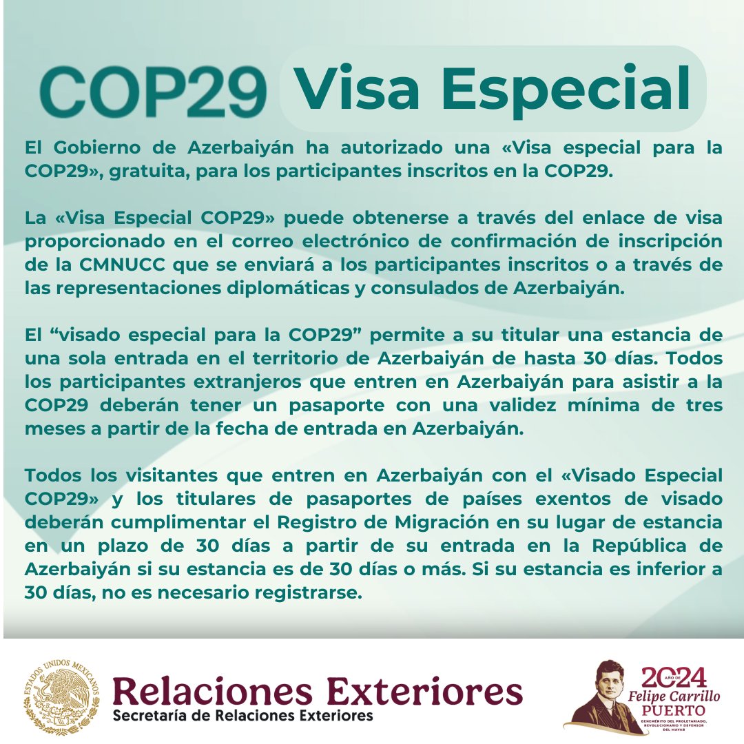 EmbaMexAze's tweet photo. 📢¡Atención!
📌Para los participantes de la COP 29 en Bakú . https://t.co/Ol8euYi4Oi
