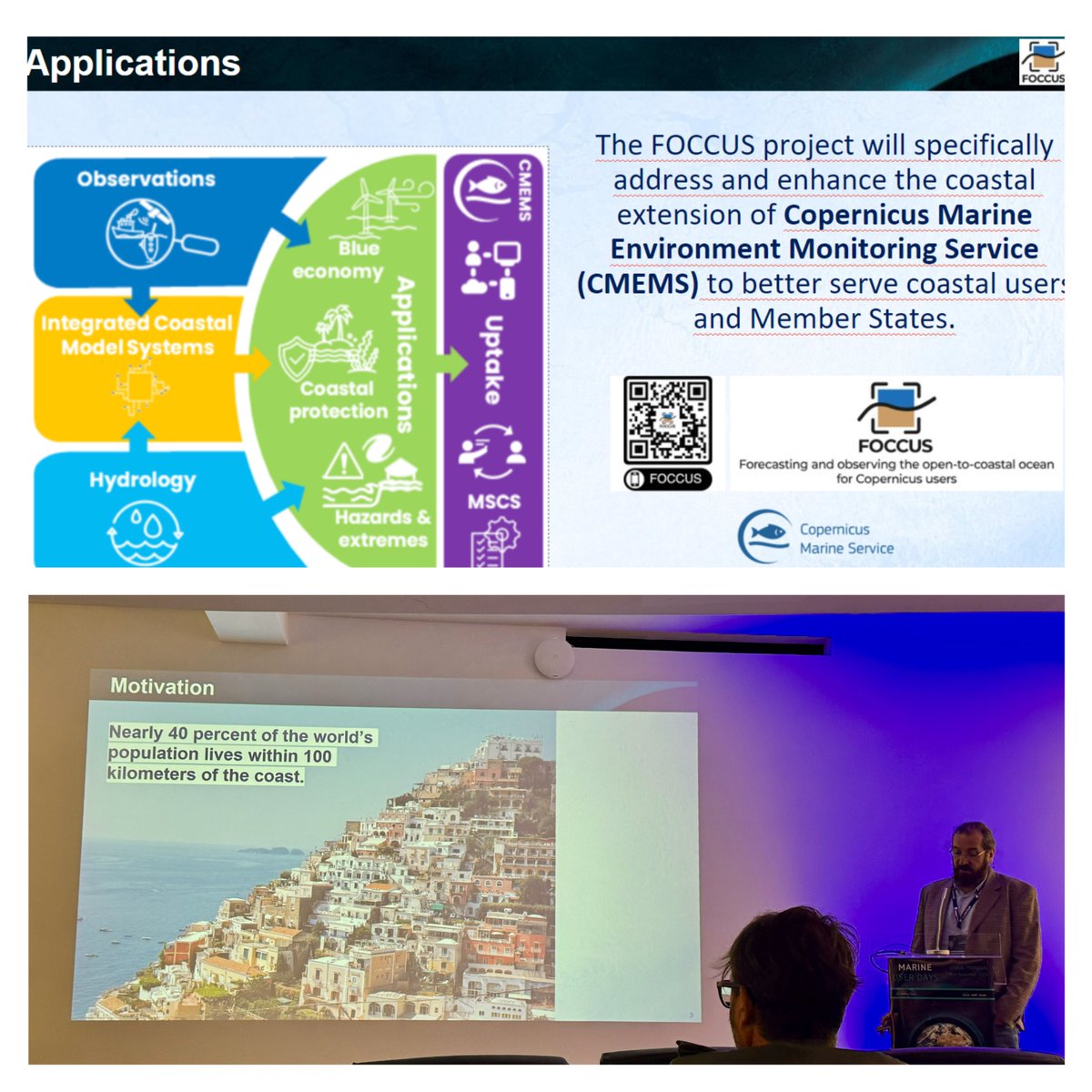 FOCCUS_eu's tweet photo. At #MarineUserDays hosted by @eumetsat in Lisbon this week, the #FOCCUS project was presented by @colabatlantic , explaining how it will enhance the coastal extension of Copernicus Marine Environment Monitoring Service to better support coastal users and EU Member States. π https://t.co/2wVWb60Kyy