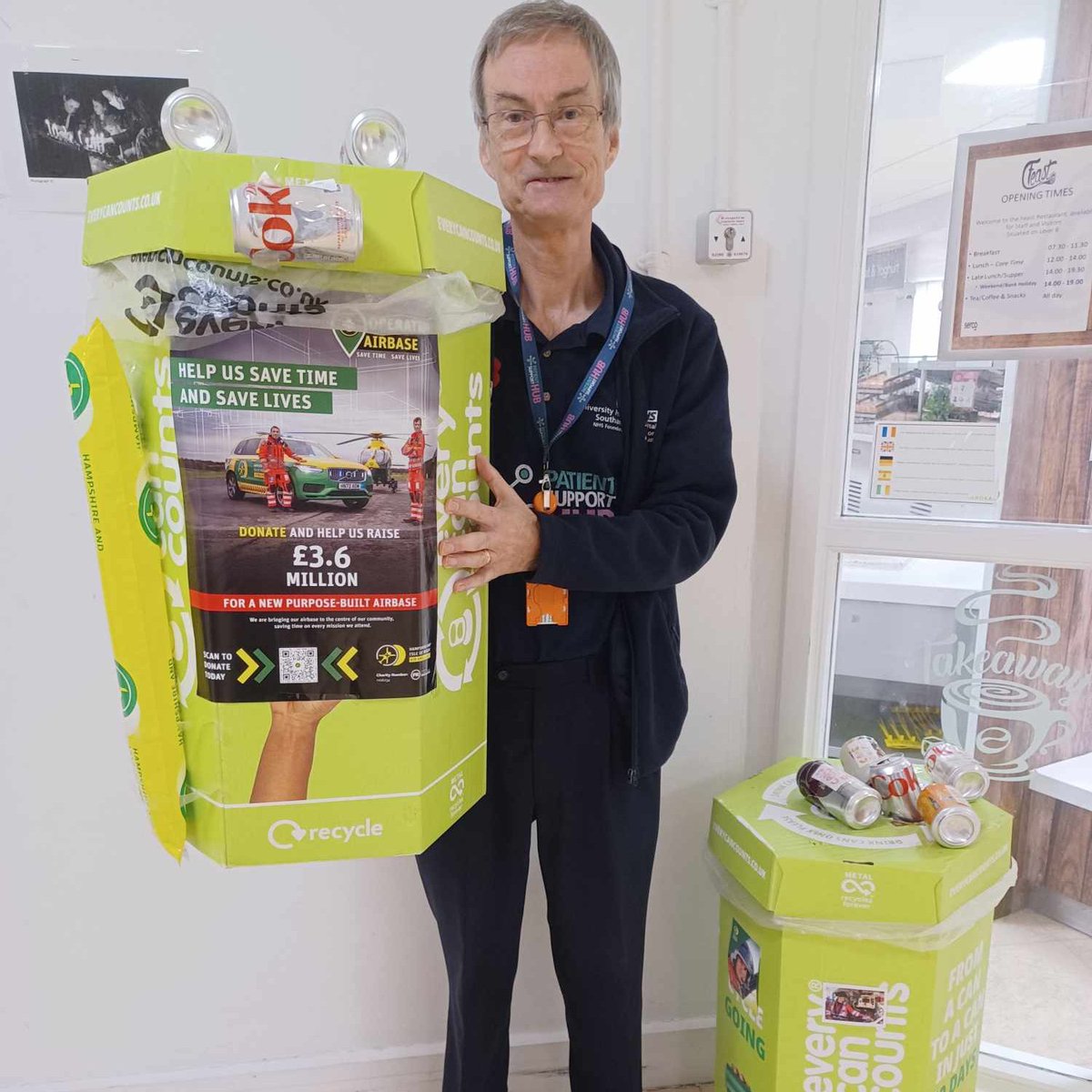 UHS Patient and Family Support Hub (@uhs_supporthub) on Twitter photo One of our lovely volunteers, Brian, collects aluminium cans to raise funds for <a href="/HIOWAA/">Hants & IOW Air Amb</a> . Brian manages 2 bins in the Feast Restaurant on B Level at <a href="/UHSFT/">University Hospital Southampton 💙</a> where empty drinks cans can be deposited. Collectively, just over £1500 has been raised this month. Well done Brian! 🚁 One of our lovely volunteers, Brian, collects aluminium cans to raise funds for <a href="/HIOWAA/">Hants & IOW Air Amb</a> . Brian manages 2 bins in the Feast Restaurant on B Level at <a href="/UHSFT/">University Hospital Southampton 💙</a> where empty drinks cans can be deposited. Collectively, just over £1500 has been raised this month. Well done Brian! 🚁