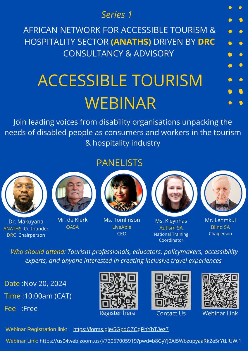 Join our webinar: "Understanding the Needs of Disabled People as Consumers and Workers in Tourism and Hospitality". Let's start conversations, share insights, and co-create accessible tourism in Africa.

Register now: forms.gle/5GpdCZCgPhYbTJ… 

#AccessibleTourismAfrica