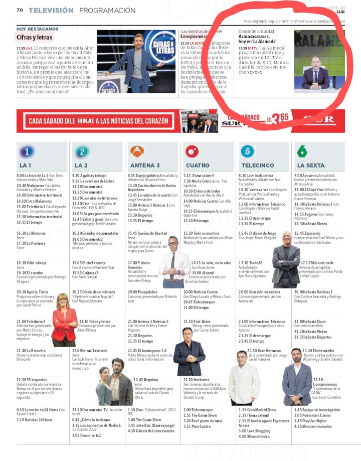 _ElObservador_'s tweet photo. #OJO
#PRIMICIA
#HayQueVerlo
Hoy noche 7N, hay q ver el programa #LaAlameda d @101tvMalaga, q lleva el d @DiarioSUR, @ManoloCastillo.
Su propio diario lo califica como "Esta noche #XXXXXX" (¡Seis X!), y el tema del debate tiene tomate:
"#Asasasasasasas"... y la cara d #Monolo.
. https://t.co/xlWVitYvwm