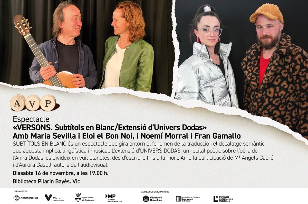 AMB VEU PRÒPIA, un projecte de treball col·lectiu que treball col·lectiu combina la poesia amb altres disciplines.

Versons, un tastet poeticomusical amb els tàndems Maria Sevilla i <a href="/eloielbonnoi/">Eloi el Bon Noi</a> i <a href="/noemorral/">Noemí Morral</a> amb Fran Gamallo

🗓️ds 16/11
⏰19 h

 <a href="/vic_cultura/">Vic Cultura</a> <a href="/fundaciommp/">Fundació Miquel Martí i Pol</a> <a href="/aj_vic/">Ajuntament de Vic</a>
