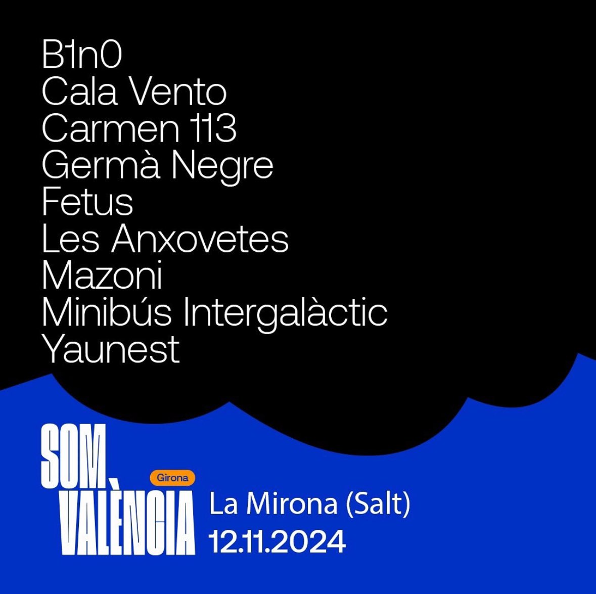 Som València a La Mirona!

🎟️Entrades i donacions: link.dice.fm/somvalencialam…

<a href="/salalamirona/">LA MIRONA</a> <a href="/b1n0oficial/">b1n0</a> <a href="/CalaVento/">Cala Vento</a> <a href="/carmen113music/">C△RMEN 113</a> <a href="/GermaNegre/">Germà Negre</a> <a href="/SomFetus/">Fetus</a> <a href="/lesanxovetes/">Les Anxovetes</a> <a href="/mazonisongs/">Mazoni</a> <a href="/minibusers/">Minibús Intergalàctic</a> <a href="/yaunest/">yāunest</a> 
#somvalencia #dana #solidaritat