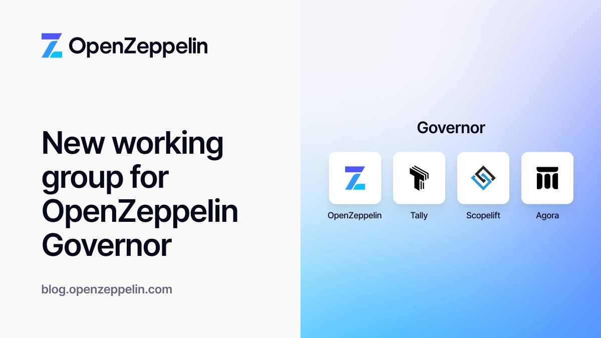 📣New Working Group for the <a href="/OpenZeppelin/">OpenZeppelin</a> Governor framework in collaboration with @Tallyxyz, <a href="/AgoraGovernance/">Agora</a>, and <a href="/ScopeLift/">ScopeLift</a>!

Together, we’re enhancing modularity, innovating features, and building a unified roadmap for DAO governance. Read about this➡️hubs.li/Q02XgtYZ0