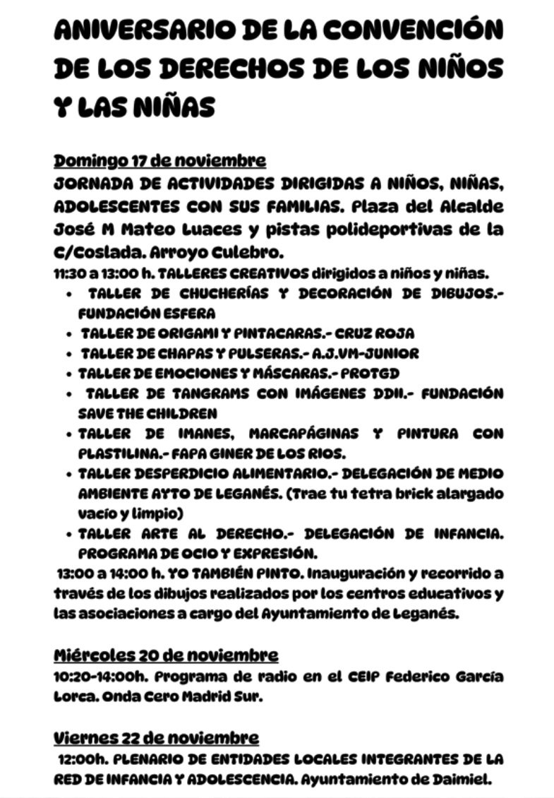 👧🏻👦🏽 Actividades en Arroyo Culebro para celebrar el Aniversario de la Convención de los Derechos de los Niños y Niñas.
🗓️ Domingo 17 Nov.
🕦 De 11.30h a 13h
Organiza <a href="/AytoLeganes/">Ayuntamiento de Leganés</a> 
NO FALTÉIS!
👦🏽👧🏻👴🏽🧔🏻‍♂️👶🏼