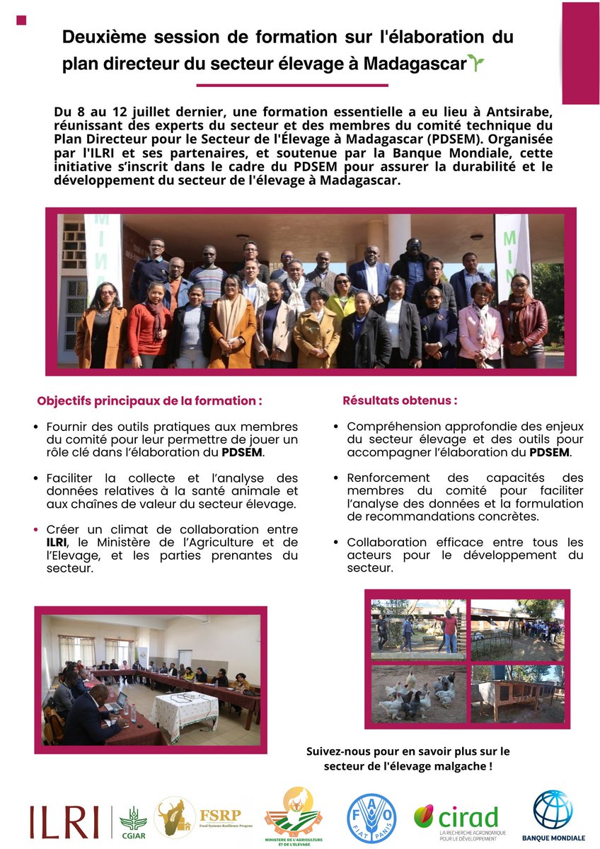 LMP_Madagascar's tweet photo. Du 8 au 12 juillet à Antsirabe, une formation clé a rassemblé des experts pour renforcer la durabilité du secteur de l'élevage à Madagascar, dans le cadre du PDSEM. Un pas important vers un avenir prospère pour l’élevage malgache ! 🌱🐄 

#PDSEM #ElevageDurable #Madagascar https://t.co/dRDB29WIdj