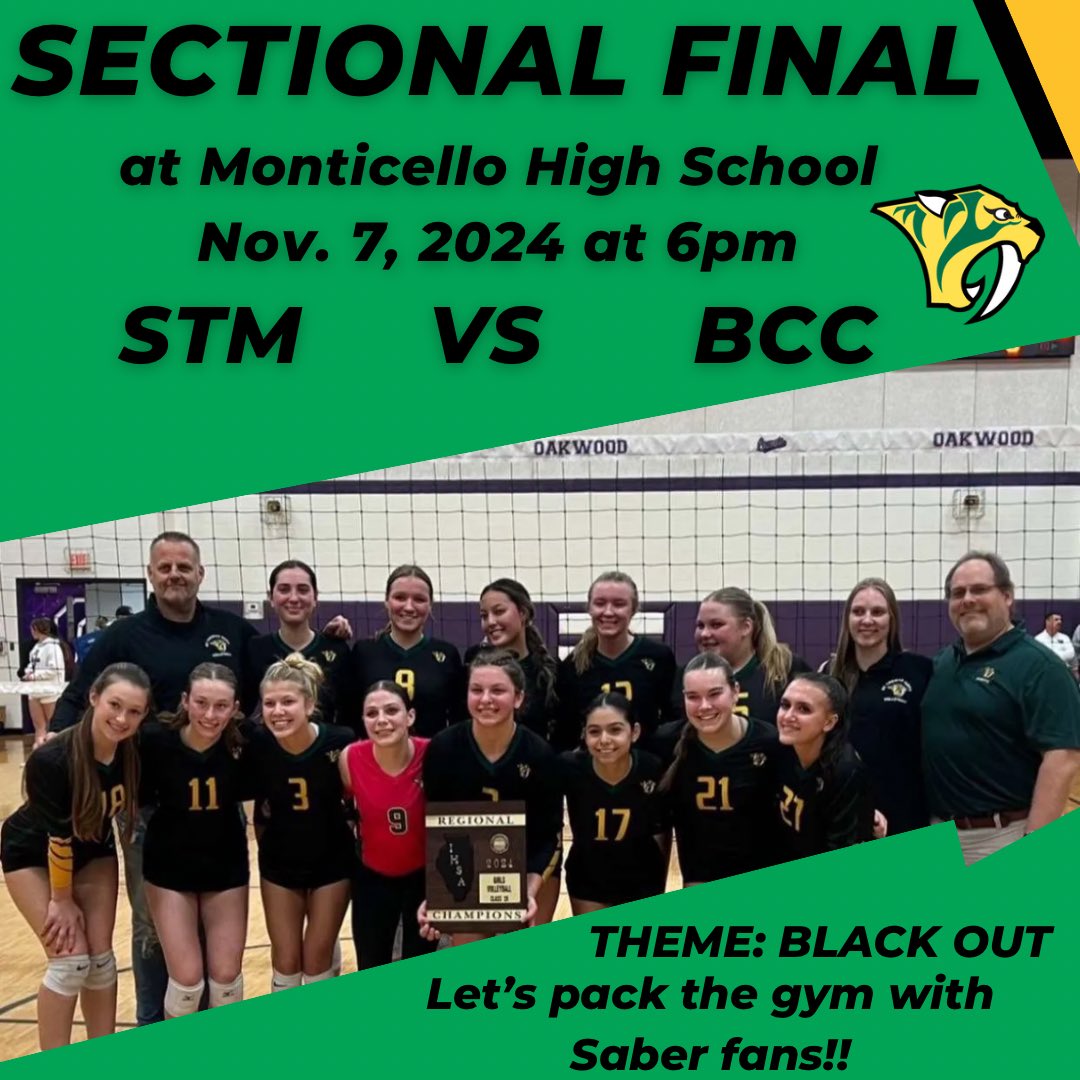 STM Volleyball (@stmvolleyball) on Twitter photo Sectional Championship tonight at 6pm at Monticello! See you there <a href="/SaberPack/">Saber Pack</a> !
<a href="/STMoreAD/">Sabers Athletics</a> <a href="/STMSabernation/">STM ABO</a> <a href="/ngpreps/">News-Gazette Preps</a> <a href="/zachpiatt13/">Zach Piatt</a> <a href="/WCIA3sports/">WCIA 3 Sports</a> <a href="/glenn_kinley/">Glenn Kinley</a> <a href="/illprepvb/">Illprepvb.com</a> <a href="/IlliniPrairie/">Illini Prairie Conference</a> Sectional Championship tonight at 6pm at Monticello! See you there <a href="/SaberPack/">Saber Pack</a> !
<a href="/STMoreAD/">Sabers Athletics</a> <a href="/STMSabernation/">STM ABO</a> <a href="/ngpreps/">News-Gazette Preps</a> <a href="/zachpiatt13/">Zach Piatt</a> <a href="/WCIA3sports/">WCIA 3 Sports</a> <a href="/glenn_kinley/">Glenn Kinley</a> <a href="/illprepvb/">Illprepvb.com</a> <a href="/IlliniPrairie/">Illini Prairie Conference</a>