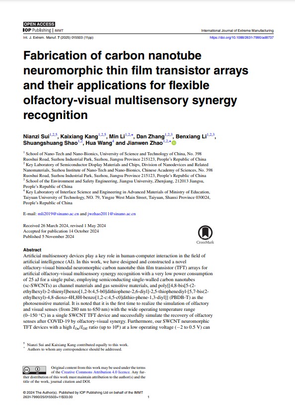 IntJExtremManuf's tweet photo. Fabrication of carbon #nanotube neuromorphic thin film #transistor arrays and their applications for flexible olfactory-visual multisensory synergy #recognition
See more in #IJEM 👉https://t.co/SUP5kPoJE2
#ExtremeManufacturing #CarbonNanotube #photosensitive #neuromorphic #AI https://t.co/cutR74bz9S