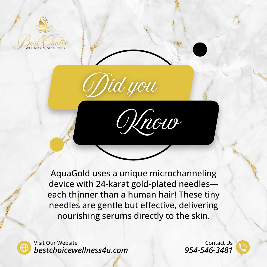 BWellness4u's tweet photo. 💧 Glow Like Never Before with AquaGold! ⁣💧
⁣
✨ Experience the luxury of AquaGold at Best Choice Wellness &amp; Aesthetics! Our cutting-edge microchanneling treatment uses 24-karat gold-plated needles to deliver nourishing serums directly into your skin. https://t.co/G3CYxZaakU