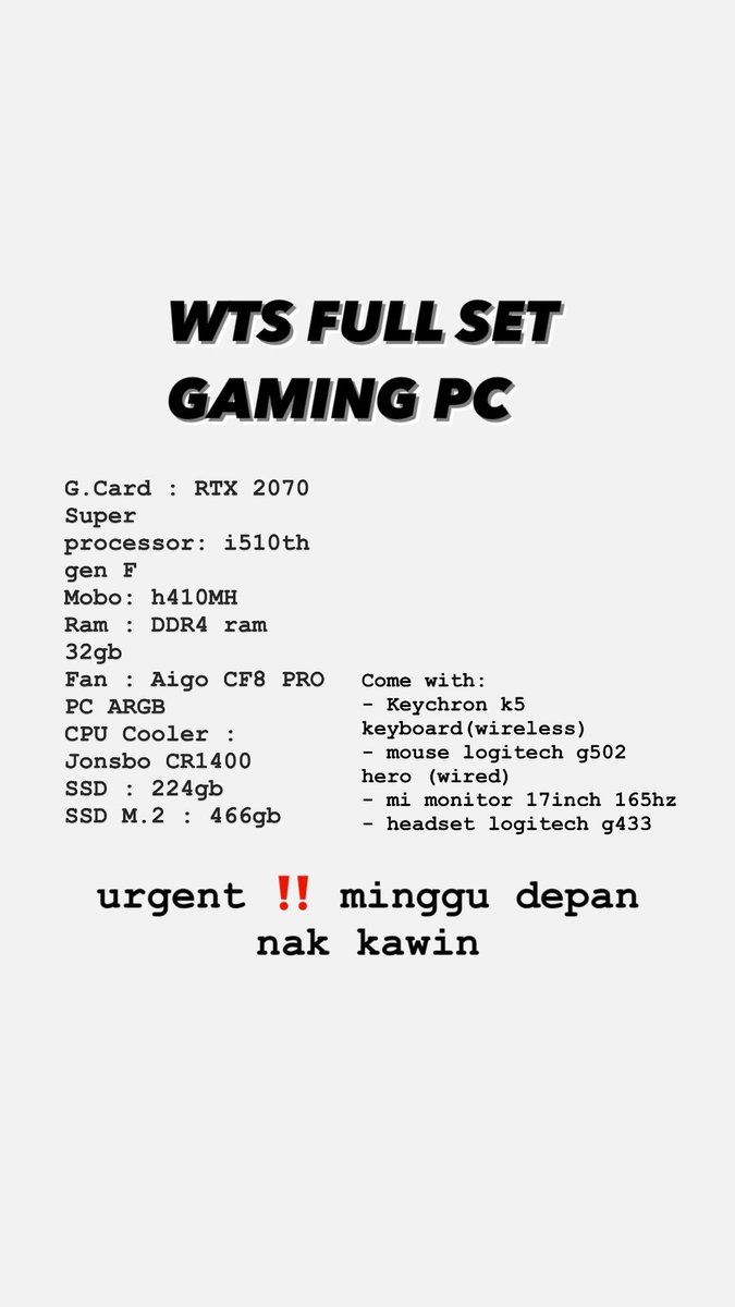 AidilOsmann's tweet photo. Fullset pc for sale. taknak beli takpa bantu rt pon boleh 🥺

harga korang letak sendiri berapa, kita bincang kasi jadi 

#wts https://t.co/wZpmche19t