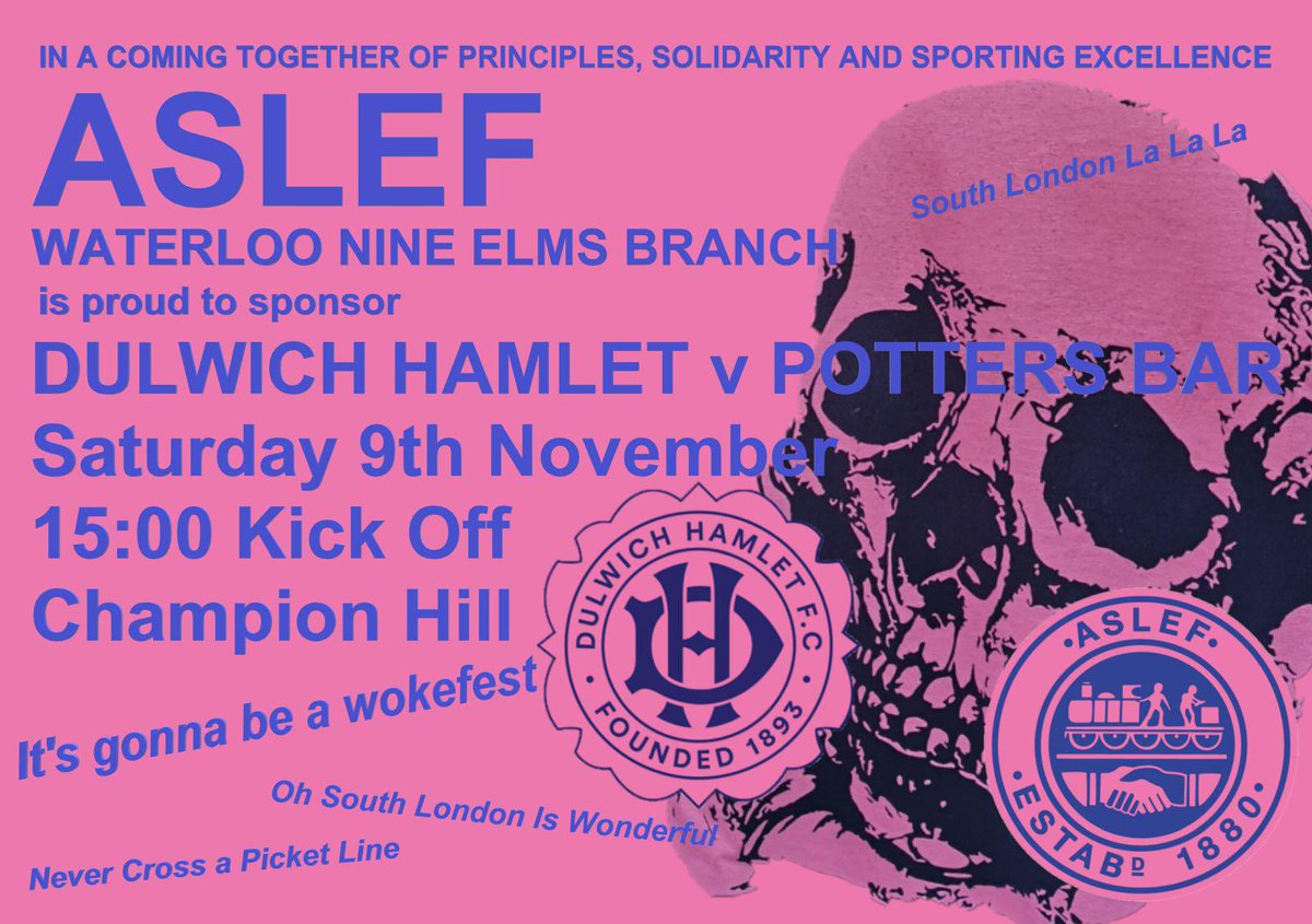 This Saturday: ASLEF Waterloo Nine Elms branch are sponsoring <a href="/DulwichHamletFC/">Dulwich Hamlet FC</a> vs Potters Bar.

All welcome, come along and show your support for solidarity and sporting excellence.

Tickets: app.fanbaseclub.com/Fan/Tickets/Se…