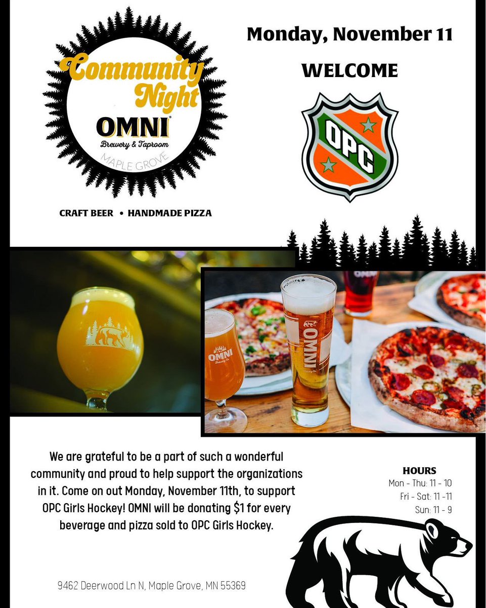 OPC Girls Hockey (@opcgirlshockey) on Twitter photo Come support OPC Girls Hockey at <a href="/OMNIBrewing/">OMNI Brewing Co.</a> on Monday, November 11th! Omni will be donating $1 for every beverage and pizza purchased to OPC Girls Hockey!!! Perfect day to head to your local brewery for some delicious beer, sodas and pizza - invite your friends & family! ππ§‘π Come support OPC Girls Hockey at <a href="/OMNIBrewing/">OMNI Brewing Co.</a> on Monday, November 11th! Omni will be donating $1 for every beverage and pizza purchased to OPC Girls Hockey!!! Perfect day to head to your local brewery for some delicious beer, sodas and pizza - invite your friends & family! ππ§‘π