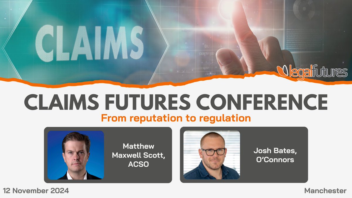 Join us at #ClaimsFutures to tackle the challenges of reputation and regulation for law firms working with claims management companies. Experts <a href="/mmaxwellscott/">Matthew Maxwell Scott</a> of ACSO and Josh Bates of <a href="/oconnors_law/">@oconnors_law</a> will share their insights and advice. zurl.co/v6Rb