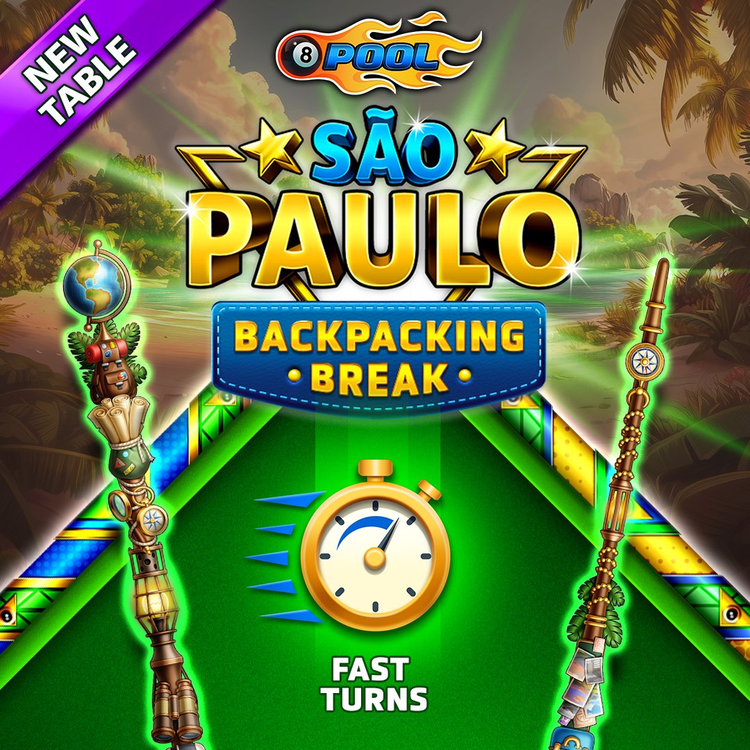 8ballpool's tweet image. Start your #BackpackingBreak in style with a match on the NEW #SaoPaulo table! 🎱 🇧🇷

⏰ Fast turns 9-ball gameplay
🎁 Unlock/upgrade a new Cue
🗓️ Tables rotate every 48 hours

More Info » mcgam.es/k2z5v4

#8BallPool