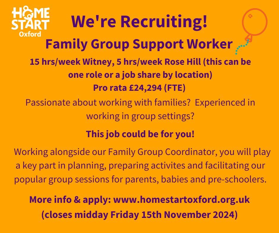 Only a week left to apply for this fab role!  Deadline for applications is Friday 15th November.  For more information here: buff.ly/3vdnioH

#OxfordJobs #Hiring #Jobs #Recruiting #CharityJobs #Family
