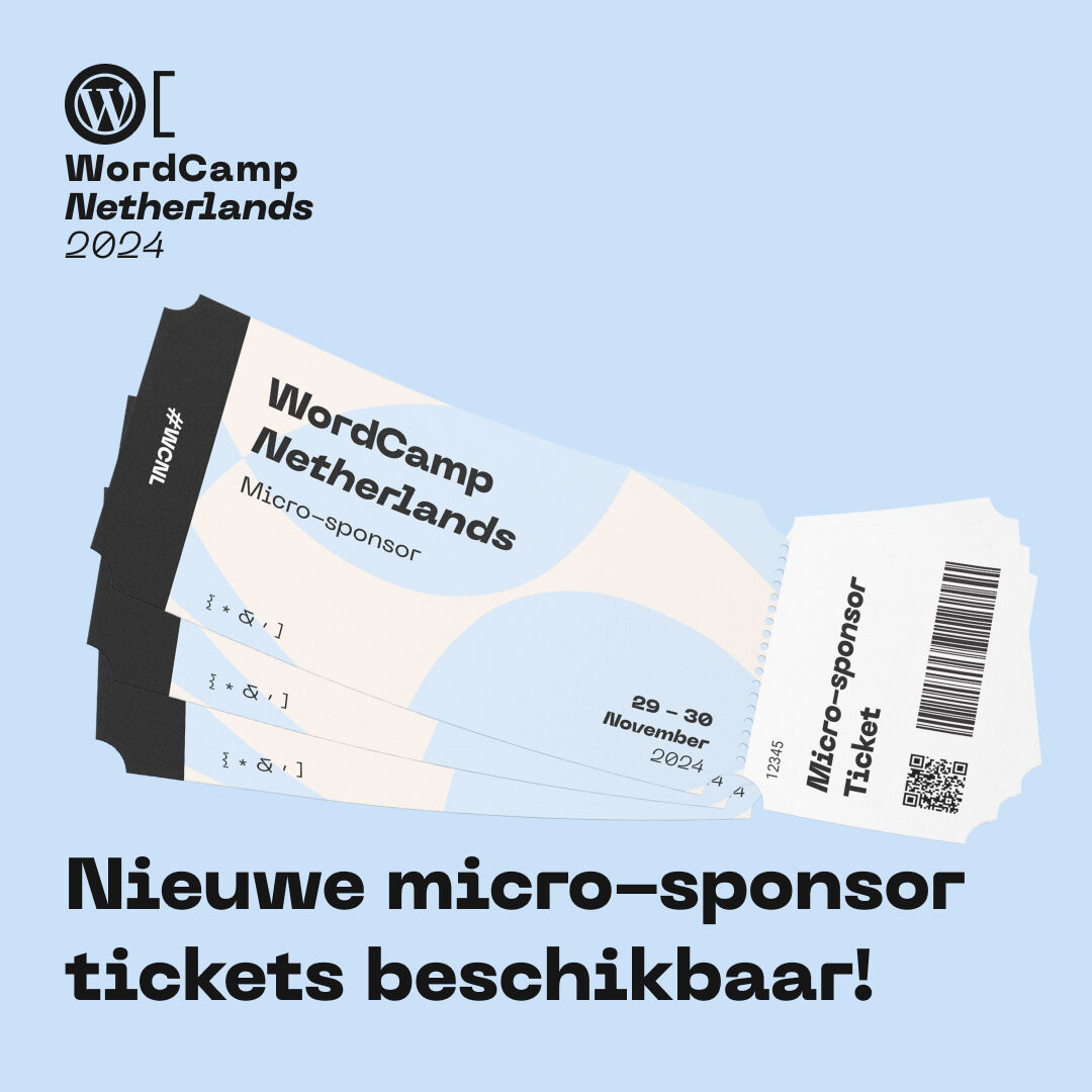Nieuwe batch Micro-sponsor tickets morgen beschikbaar! 🚨

Morgen om 10:00 uur komt er een nieuwe batch van 50 Micro-sponsor tickets beschikbaar voor #WCNL! 

Meer info 👉 netherlands.wordcamp.org/2024/nieuwe-ti…

Hopelijk tot in Madurodam op 29 &amp; 30 november!