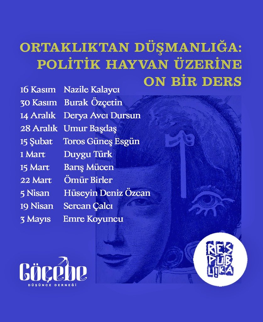 gocebedusunce's tweet photo. Kimdir bu politik hayvan? Bu soruyu detaylandırarak “Politik düşünceler hangi hayvan tasavvurlarına dayanır?” ve hatta “Düşüncenin politik fitilini ateşleyen hayvanlar hangileridir?” diye soracak olursak, politikanın başından itibaren hayvan oluş ve hayvan olmayış ile beraber düşünüldüğünü fark ederiz. Peki posthümanizm ve antroposen çağında politikayı bugün çok daha yoğun ölçekte belirleyen, bazen onu bir düşmanlık pratiğine, bazense ortaklık düşüne sevk eden hayvansallığı kavramak için filozofların ve yazarların düşüncelerini kazısak nasıl olur? 

respublika’da ders ciddiyeti ve bir arada düşünme neşesi ile gerçekleştireceğimiz bu on bir derste, Aristoteles’in zoon politikon’undan Hobbes’un kurtlarına ve Machiavelli’nin tilkilerine, Homeros’un yaratıklarından fabllara ve Ursula Le Guin’in ejderhalarına, Marx’tan Kropotkin’e, Derrida’dan Arendt ve Ranciere’e, kısaca Ortaklıktan Düşmanlığa Politik Hayvanı varlık, yaşam, topluluk, eğitim, dil ve kurmacanın kıyılarında düşüneceğiz.

Yıl boyu sürecek olan bu dersler ücretsiz ve herkese açıktır. 
Kayıt formu için: https://t.co/PuWp6BLb2V

Görüşmek dileğiyle 🌱