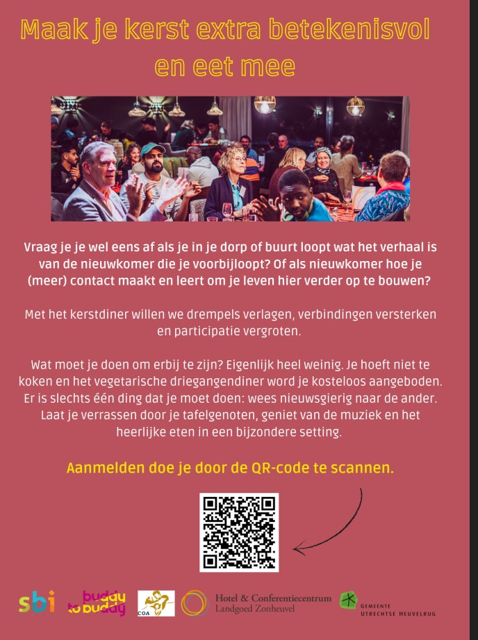 Ik eet ook dit jaar weer mee met het Heuvelrug Kerstdiner. Een mooi moment om elkaar als inwoner en nieuwkomer echt te ontmoeten in een ontspannen sfeer. Ben je er ook bij op dinsdag 10 december? Reserveer gratis je plek: sbi.nl/event/heuvelru…