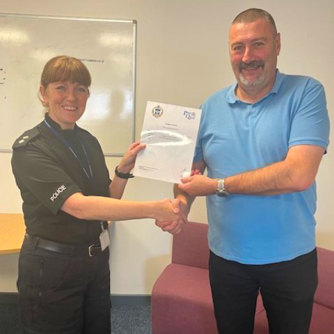 KabsecTraining's tweet photo. 🎉 Congrats to Cleveland Police officers Steve Cranston &amp; Robyn Smith! Steve earned a Level 5 Diploma in Crime Prevention, while Robyn completed her Level 4 course. Thanks to KABSEC Training for support. Certificates presented by Inspector Fay Cole. Well done! 👏 #CrimePrevention https://t.co/CcjWE3i6rU