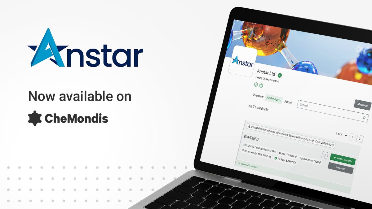 We’re thrilled to announce our successful partnership with Anstar! 
Anstar specializes in monomers, initiators, antioxidants, stabilizers, and polymerization and curing agents. 
👉Visit their Brandshop: bit.ly/3YxuOLQ

#CheMondis #Partnership #Brandshop