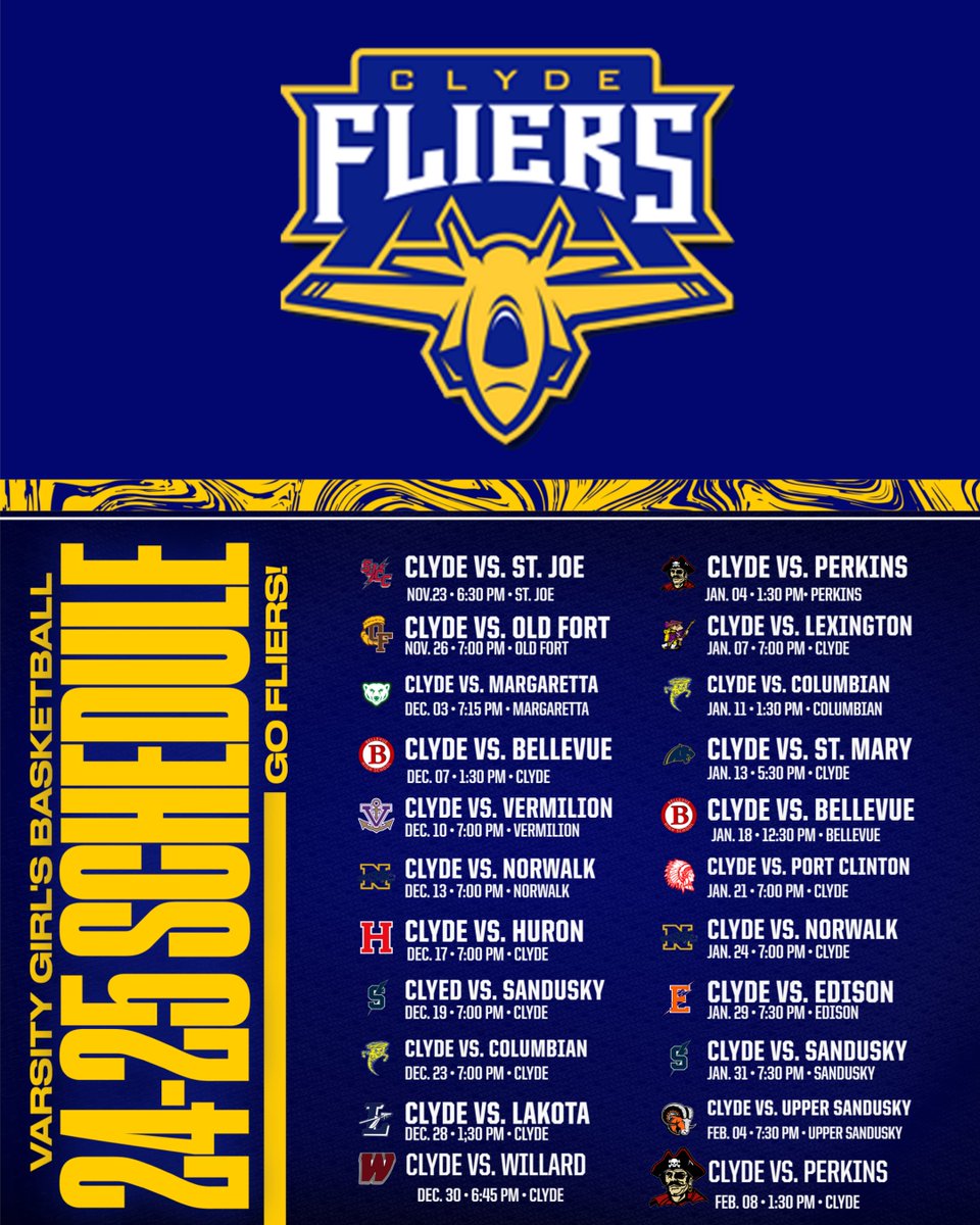 🏀 Clyde Lady Flier Women's Basketball fans, the 2024-2025 season schedule is officially here! Get ready to support our team as they take on the competition with heart and hustle. Let’s fill the stands and show our Lady Fliers what Flier Nation is all about! 💙💛