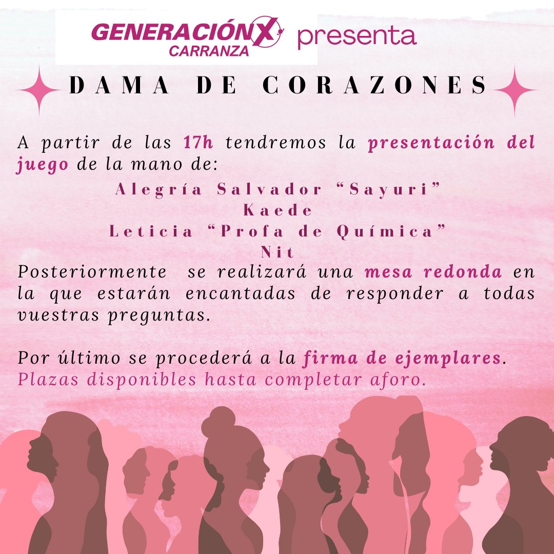 El sábado 16 de noviembre será día #DamaDeCorazones en Madrid. Partidas y presentación con <a href="/IzumiKaede_/">Kaede se ha ido a Bluesky</a>   <a href="/alsalvadorr/">Alegría - Sayuri</a> <a href="/Nit_Castelval/">Nit se ha ido a Bluesky</a> y <a href="/ProfaDeQuimica/">Leticia 🍏 || 📜🌑🎲🌒</a>.

🗓 16 de noviembre. 
📍 <a href="/GenXCarranza/">Generación X Carranza</a>.
🕚 Partidas a las 11h. 
🕔 Presentación a las 17h.