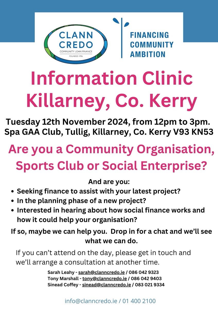 📢  Calling community groups, sports clubs or social enterprises in Co. Kerry - we're headed your way! Drop in for a chat on November 12th at Spa GAA Club in Killarney 12-3pm. <a href="/gaa_spa/">Spa  Gaa</a>