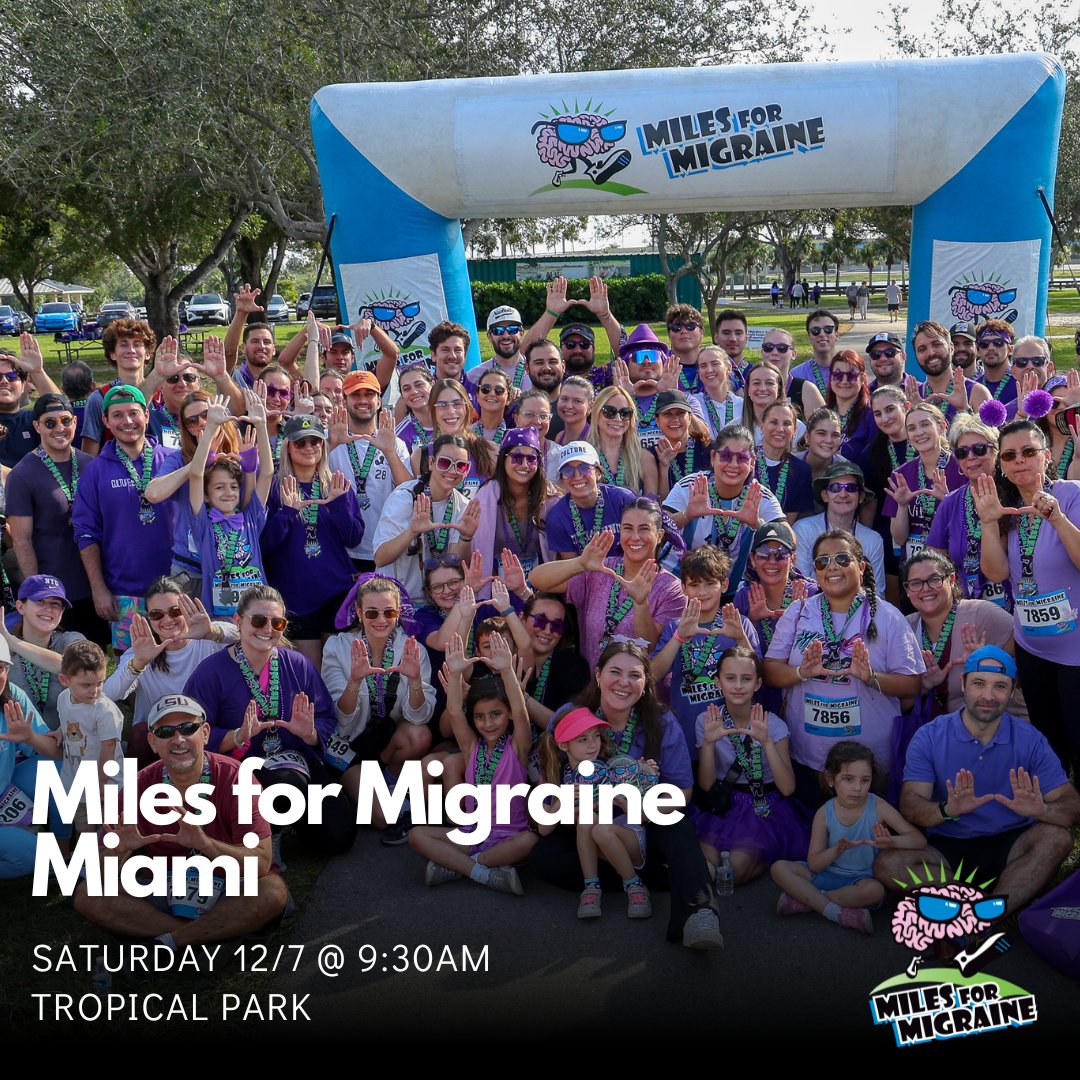 Join us on 12/7 for our 4th annual Walk/Run/Relax event at Tropical Park! 𝐑𝐞𝐠𝐢𝐬𝐭𝐫𝐚𝐭𝐢𝐨𝐧 𝐢𝐬 𝐅𝐑𝐄𝐄. 👟💜

Funds raised benefit the <a href="/univmiami/">University of Miami</a> Headache Center to support #migraine research and fellowship training programs.

Free Sign Up/Info: FL.MilesForMigraine.Org