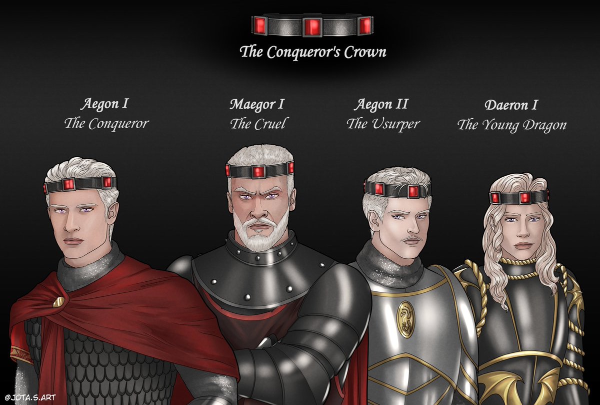 My newest commissioned series with the awesome Jota.S.Art!! 

Targaryen Crown 👑 Series

Part 1: The Conqueror’s Crown

Worn By: Aegon I Targaryen, Maegor I Targaryen, Aegon II Targaryen, Daeron I Targaryen 

Fate: Lost in Dorne after Daeron I Targaryen was slain