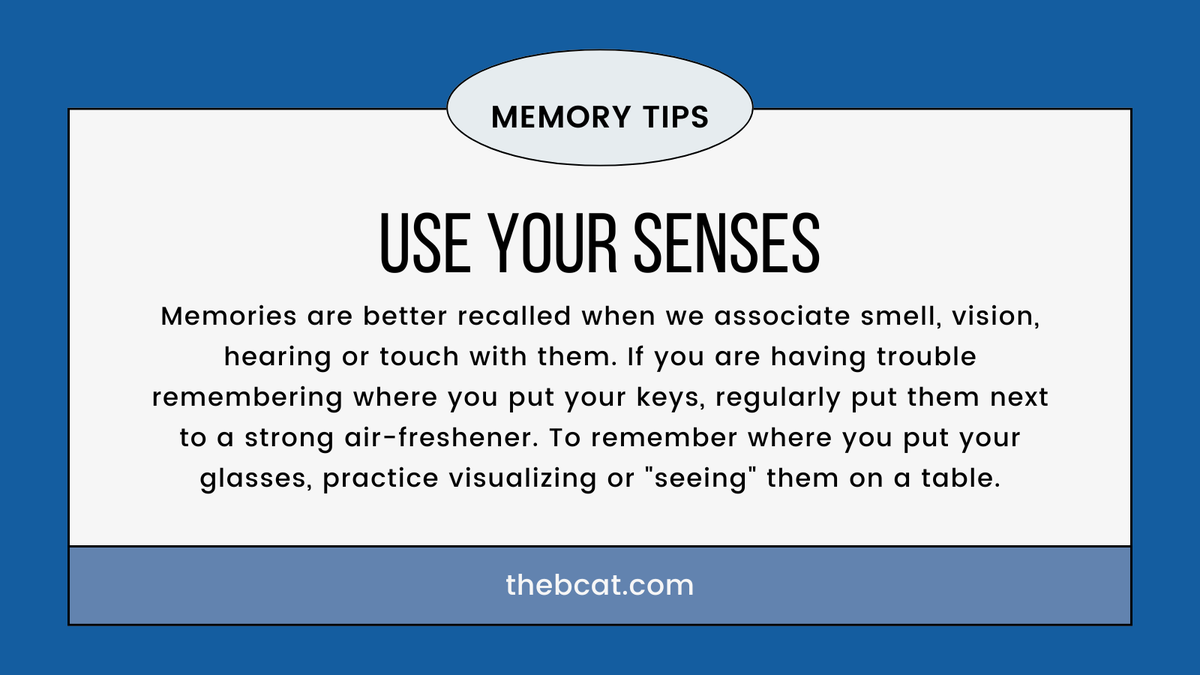 Did you know that memory plays a key role in #brainhealth? 

One way to boost memory is engaging your five senses!  🎶👃👀✋ Try associating memories with smells, sights, sounds, or touch for better recall. 

Check out thebcat.com/helpful-tips-t…