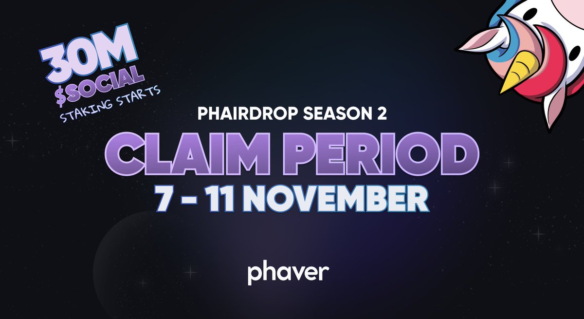 Phairdrop Season 2 claiming is now open, along with the first $SOCIAL Staking Pool! 🎉🦄

TL/DR: Claim your S2 inside Phaver app by Monday, it will be airdropped to your primary wallet after claims end. Stake your $SOCIAL before then to get extra 25%! ⤵️

How to Redeem S2 in-app: