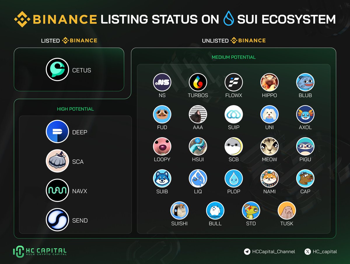 hc_capital's tweet photo. 🌊 Binance listing update for the @SuiNetwork Ecosystem

Only $CETUS has made it onto #Binance so far, but there are some high-potential projects like $DEEP, $SCA, $NAVX, and $SEND that might be next in line

Lots of promising projects are still unlisted. Which Sui project do you want to see listed next? 👀 

🔹High Potential
$DEEP
$SCA
$NAVX
$SEND

🔹Medium Potential
$NS
$TURBOS
$FLOWX
$HIPPO
$BLUB
$FUD
$AAA
$SUIP
$UNI
$AXOL
$LOOPY
$HSUI
$SCB
$MEOW
$PIGU
$SUIB
$LIQ
$PLOP
$NAMI
$CAP
$SUISHI
$BULL
$STD
$TUSK

Drop your bag below 👇

#Sui $SUI