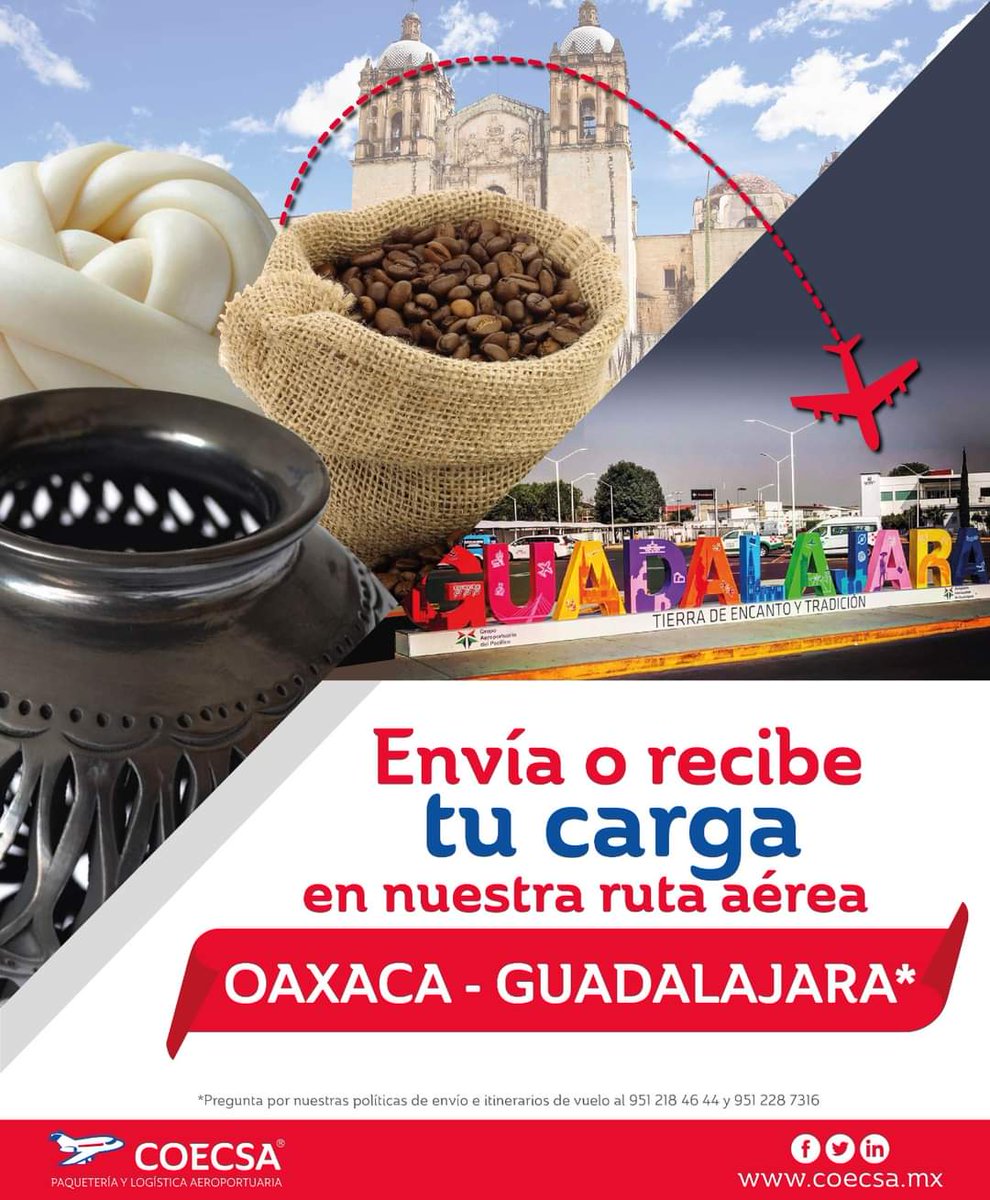 COECSAmx's tweet photo. ¿Envías carga de #Oaxaca a #Guadalajara o viceversa? Hazlo por avión😉 ✈️ 📦 Envíos en 24 horas 🇲🇽 https://t.co/9gok6Nv0Wm https://t.co/FLA5iQ4esk