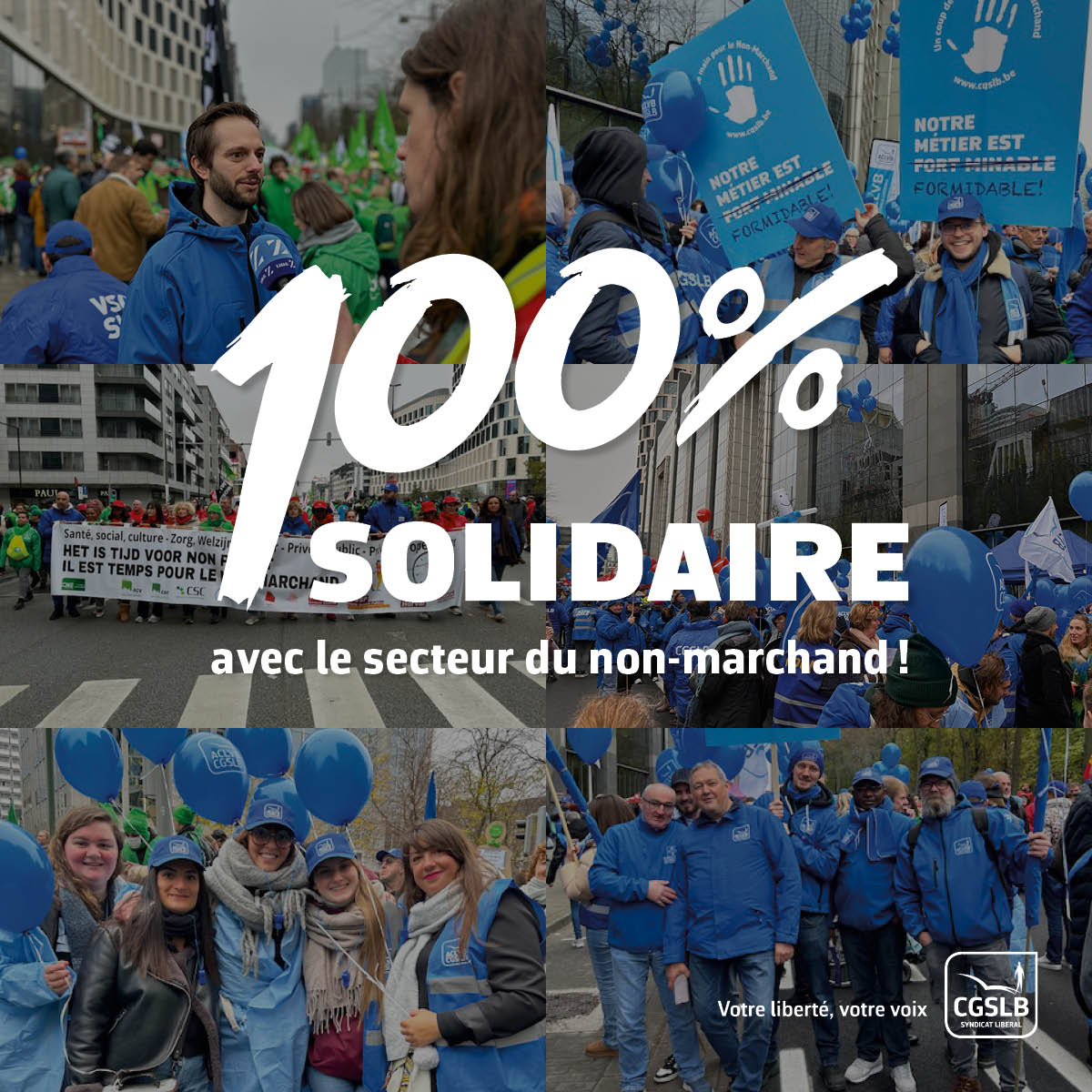 CGSLB's tweet image. Aujourd'hui, nous étions plus de 32 000 personnes aux côtés de ceux qui sont là chaque jour pour notre société 💙

Nous demandons de meilleures conditions de travail et une rémunération équitable pour ces héros.

100% solidaire avec le secteur du non-marchand ! 💪

#Manifestation
