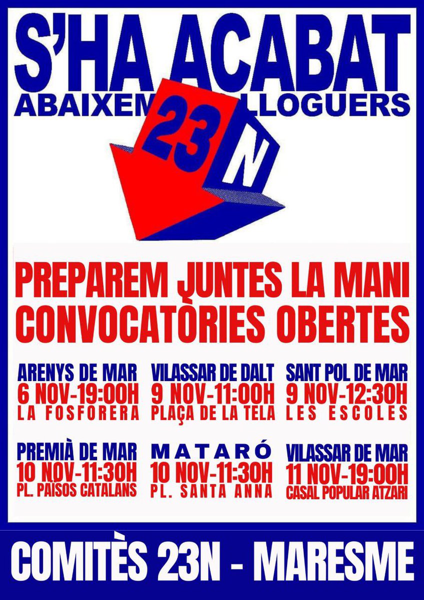 Resum de convocatòries del Maresme per preparar juntes la mani del #23N

Organitzem-nos per aturar rendistes i especuladors!