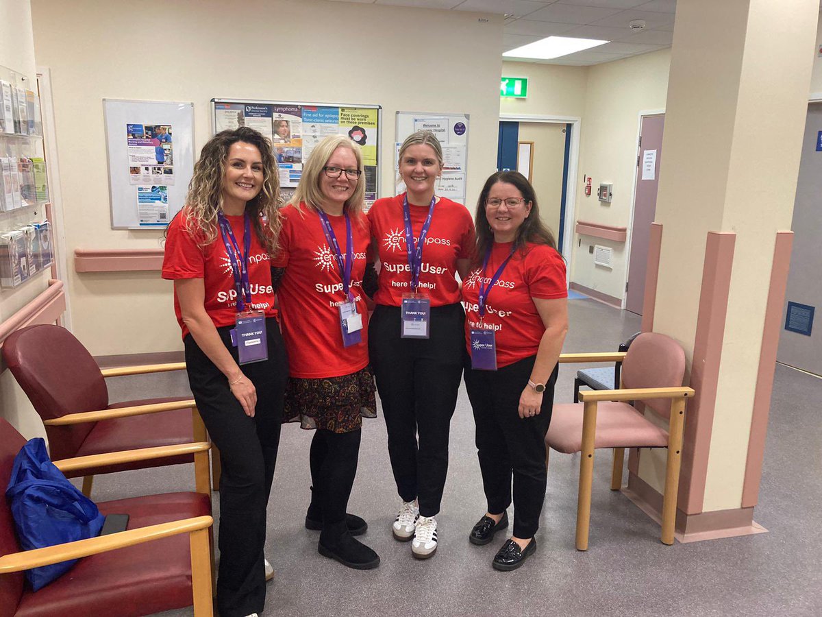 WesternHSCTrust's tweet photo. Our Social Work encompass Lead Joan, Nursing &amp; Midwifery encompass Lead Fiona and two encompass Lead Nurses Megan and Eilish are supporting @NHSCTrust #encompassNI Go-Live at Causeway Hospital today, supporting NHSCT colleagues on their first day of using the new encompass system https://t.co/P1AxZUTgBE