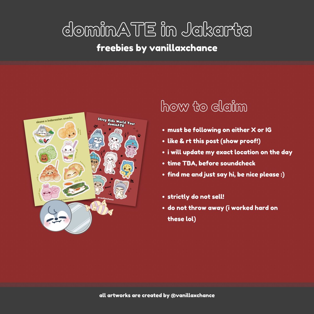 vanillaxchance's tweet photo. 🖤❤️‍🔥 stray kids dominATE in jakarta
skzoo fanart freebies by @vanillaxchance

🗓️ 21 Dec 2024
📍GBK Madya Stadium

first come first serve, all details on pic!!

see you stays! 🫶🏻

#dominATE_JAKARTA #dominATE_JKT https://t.co/PKK7y6DQ3f