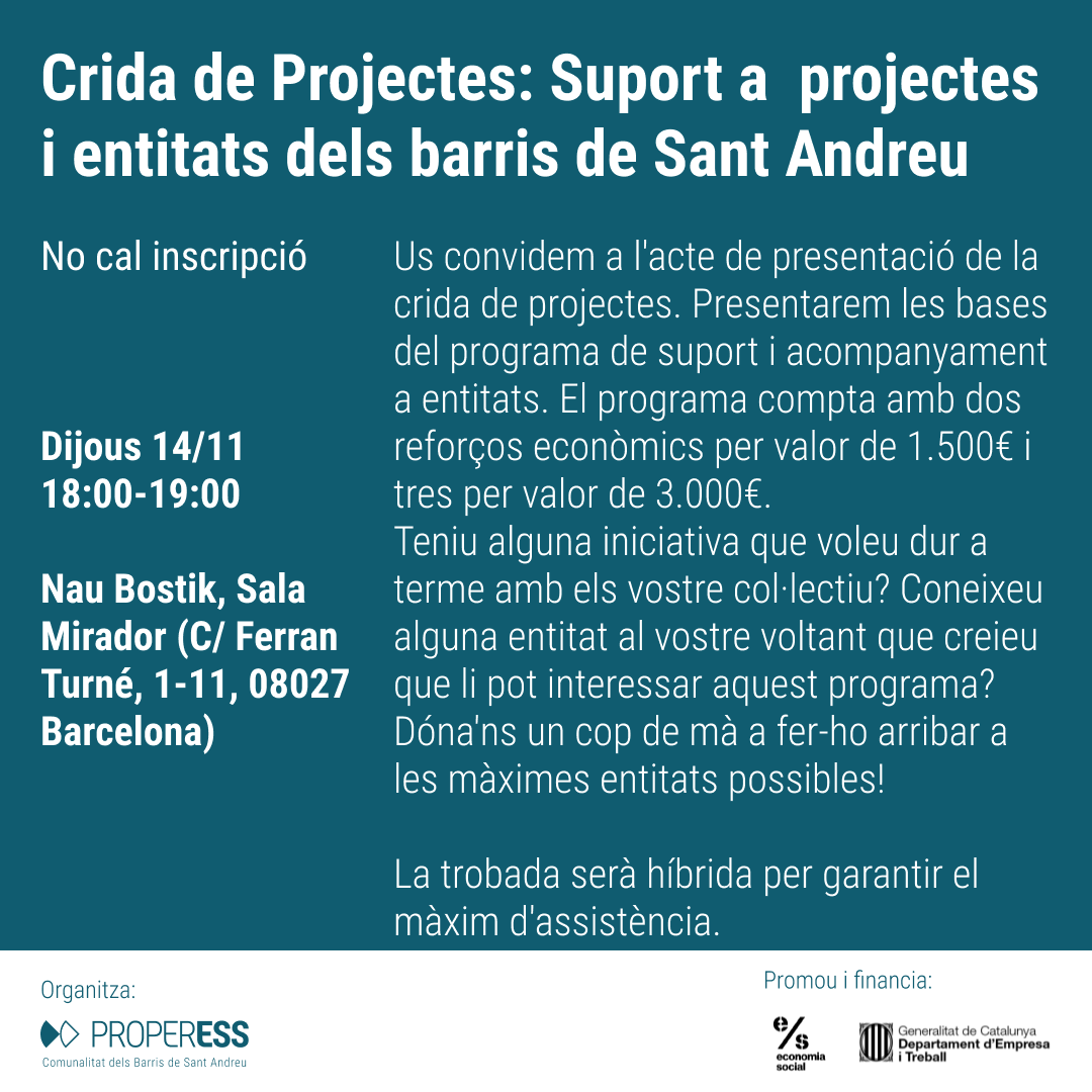 El pròxim 14/11 a les 18 h presentem la Crida de Projectes a la @naubostik!

El programa compta amb dos reforços econòmics per valor de 1.500 € i tres per valor de 3.000 €.

Teniu alguna iniciativa que voleu dur a terme amb els vostres col·lectius? 

properess.cat/activitat/pres…
