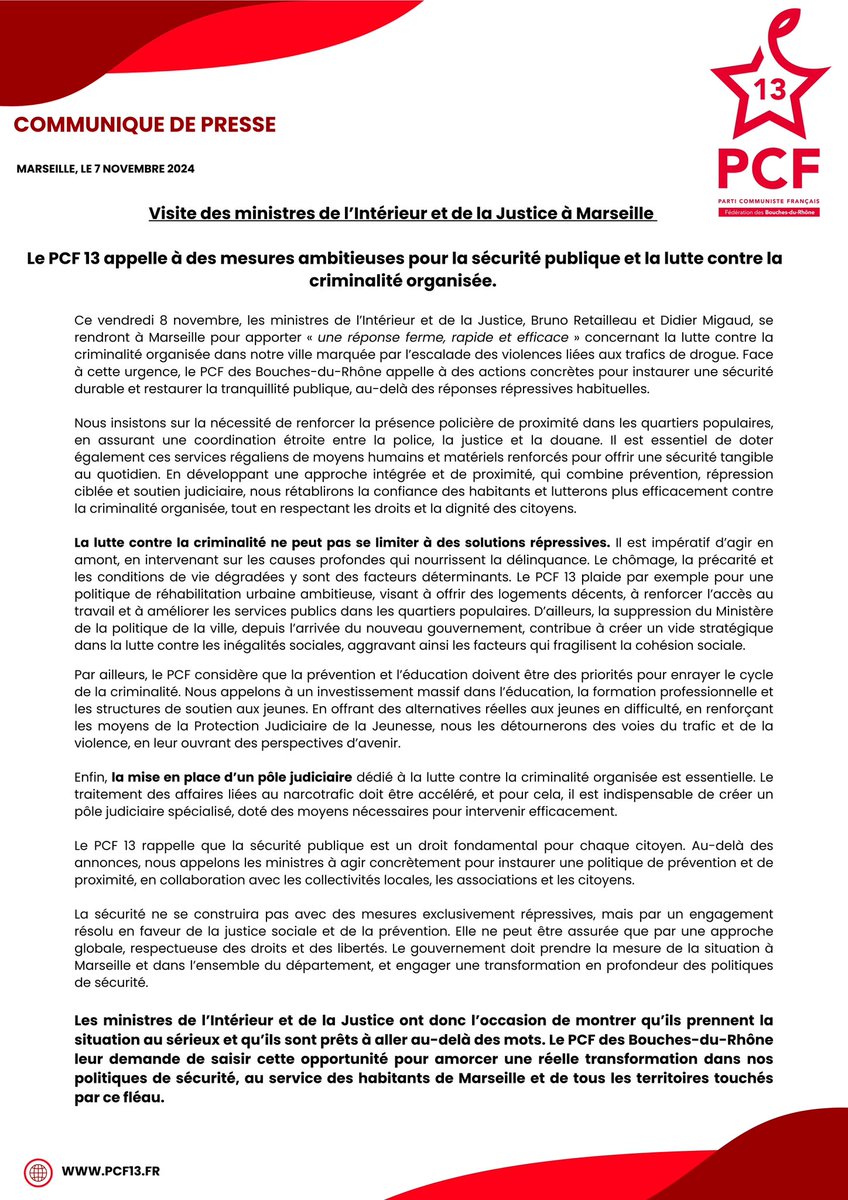 Venue des Ministres de la Justice et de l’Intérieur demain à Marseille sur la question du narco trafic. 

Nous attendons des réponses globales et des moyens ! 

#Marseille #pcf #pcf13