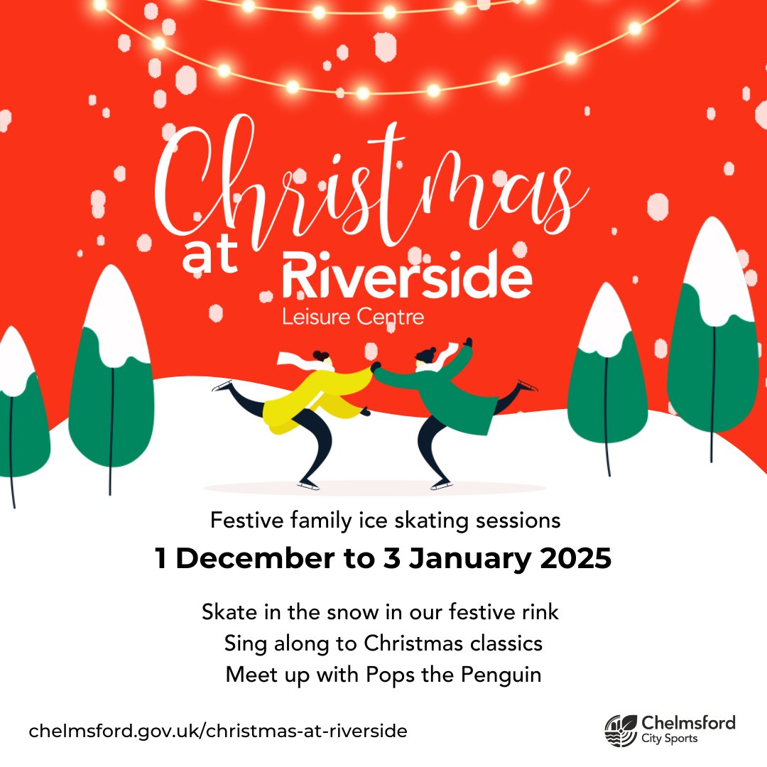 ❄️ Ready for some holiday fun? Skate with us at Riverside Ice Rink, where it’s snowing, sparkling, and full of Christmas cheer! ⛸ Book your session today and make magical memories! 🎅 
chelmsford.gov.uk/christmasatriv… #ChristmasAtRiverside #FestiveFun #SkateWithUs