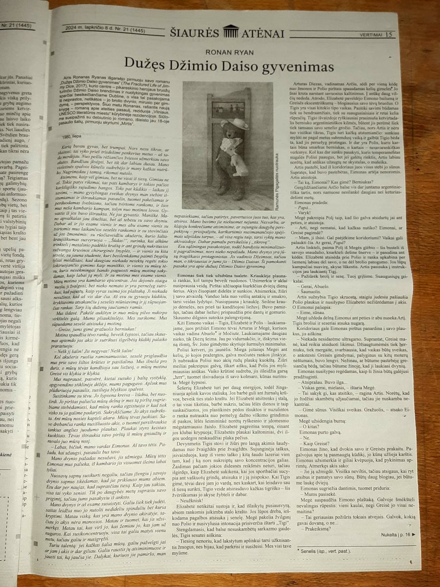 A much-appreciated ray of light to see the 1st chapter of my novel #TheFracturedLifeOfJimmyDice <a href="/TinderPress/">Tinder Press</a> get published in Lithuanian today by Šiaurės Atėnai, translation by Virginija Kulvinskaitė, something made possible by the kind folk at Vilnius UNESCO City of Literature😊