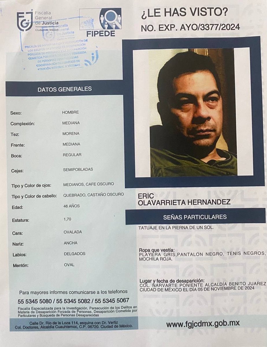 🚨 ¡Ayúdalo a volver a casa! 🚨

Eric Olavarrieta Hernández, de 46 años, fue visto por última vez el 5 de noviembre de 2024 en la colonia Narvarte Poniente, alcaldía Benito Juárez (<a href="/BJAlcaldia/">Alcaldía de Benito Juárez</a>)

Cualquier información que ayude a dar con su paradero es de suma importancia