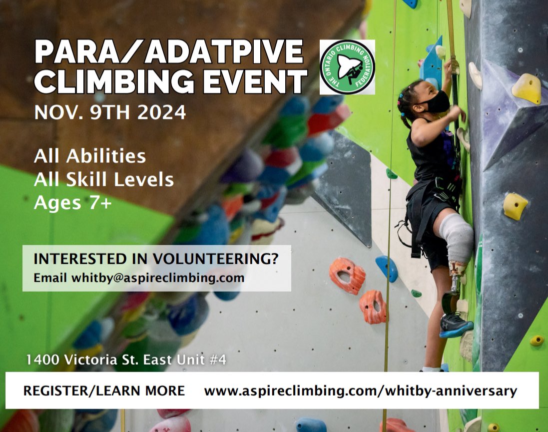 Sport_Durham's tweet photo. We’re looking forward to this para/adaptive climbing event on Saturday at Aspire Climbing Whitby. It’s for all abilities and all skill levels (ages 7+). Register today and come join the fun. #ParaClimbing #AdaptiveClimbing #InTheDR https://t.co/iQL222l3Nz